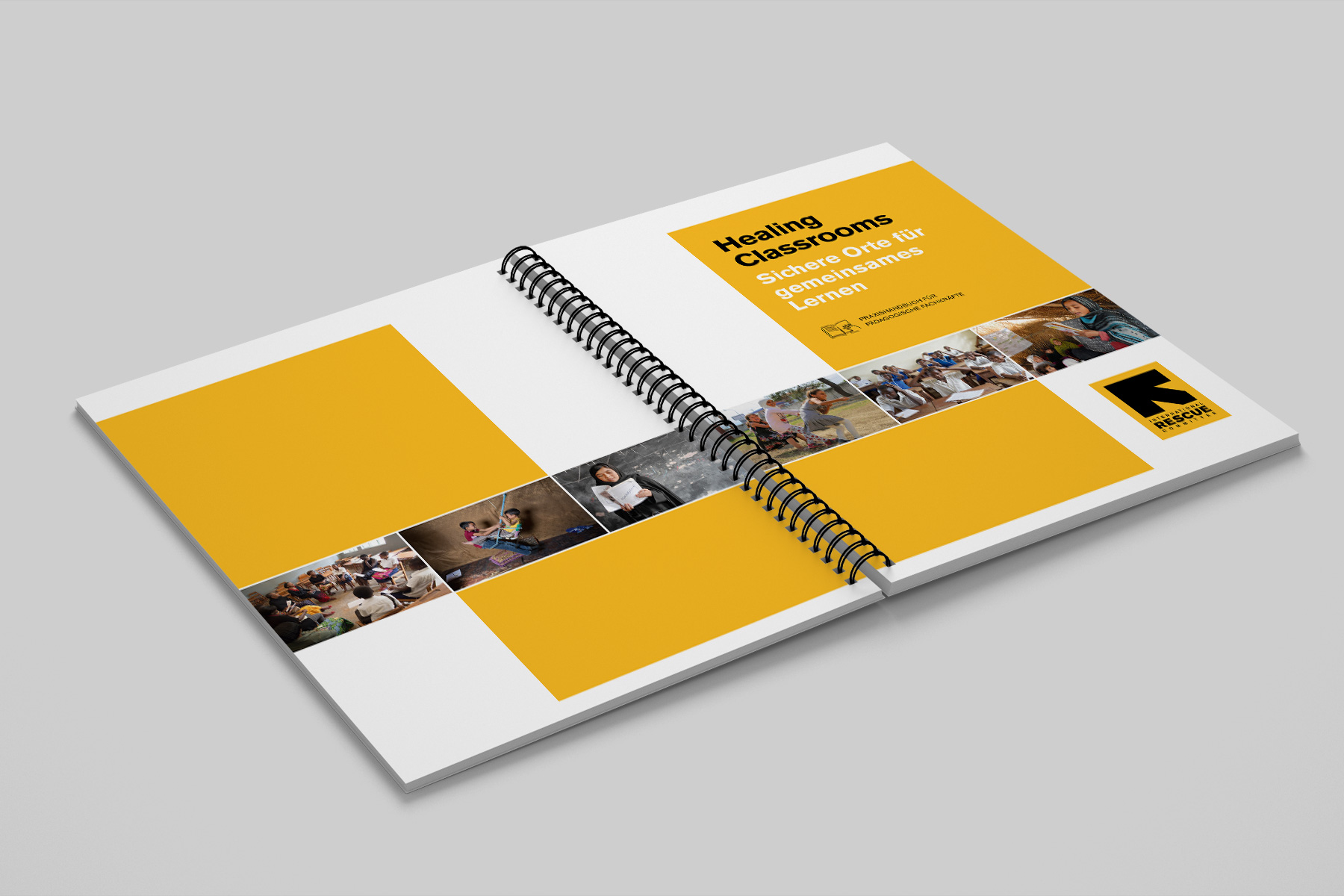 Editorial Design für NGOs: Buchumschlag des Praxisbuchs „Healing Classrooms“. Professionelles Grafikdesign für Lehrmaterialien, Bildungsmaterialien und Fachbücher.