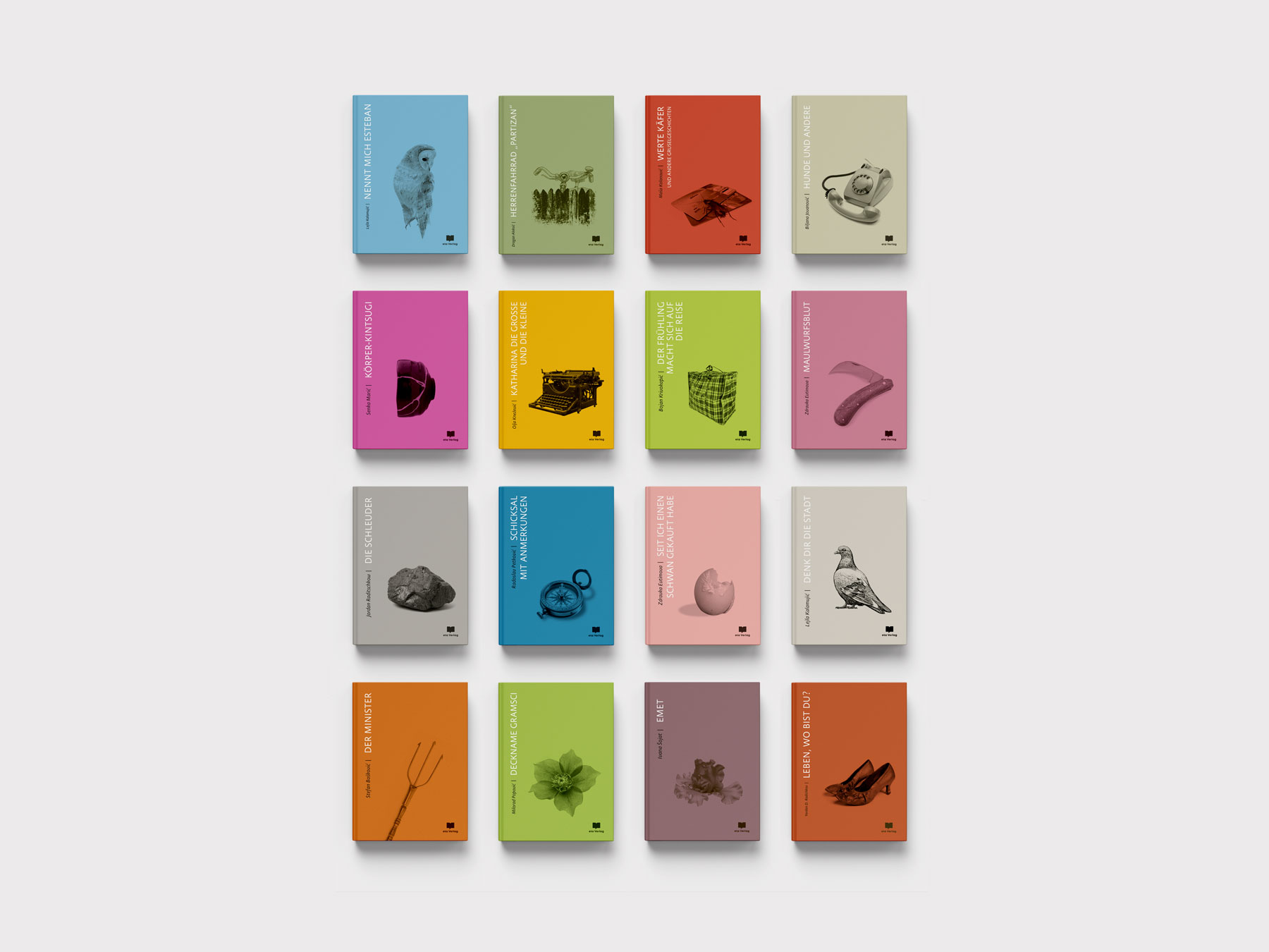 Buchreihe des eta Verlags mit professioneller Buchgestaltung und einheitlichem Buchcover-Design. Die Cover nutzen ein minimalistisches Grafikdesign mit ikonischen Bildmotiven und einem abgestimmten Farbkonzept. Editorial Design, Buchsatz, Layout und Coverdesign für Verlage.