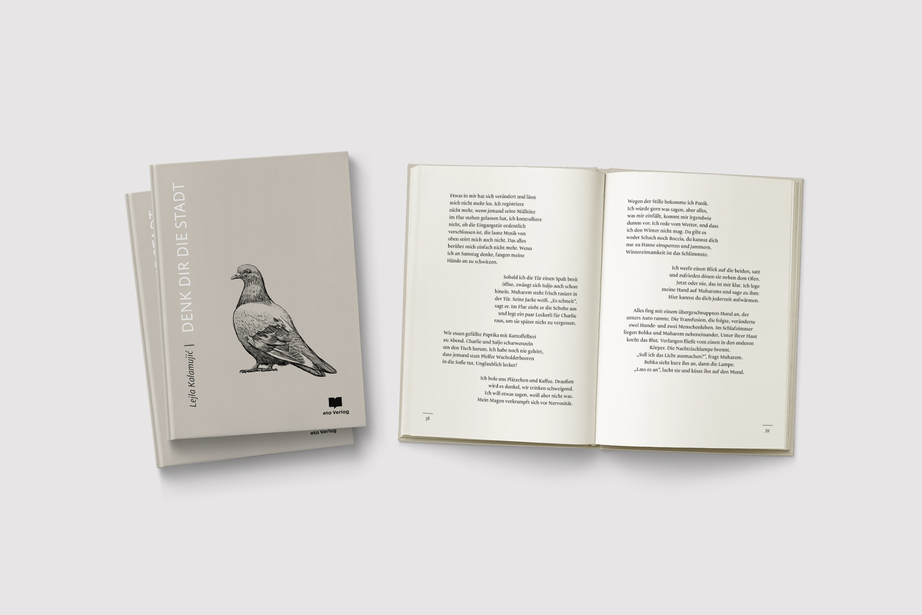 Buchcover-Design und Layout für »Denk dir die Stadt« vom eta Verlag. Die minimlistische Gestaltung mit einer Straßentaube als Motiv kombiniert eine klare Typografie mit einem strukturierten Satzbild.