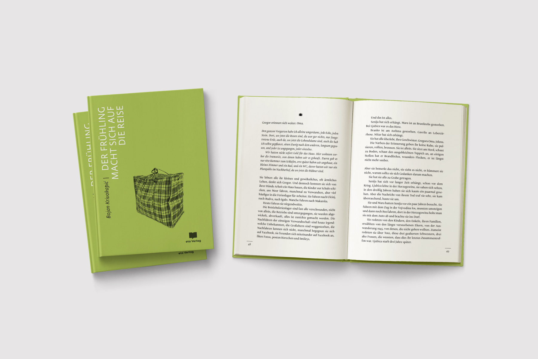 Gestaltung von Buchcover und Layout für »Der Frühling macht sich auf die Reise« aus dem eta Verlag. Das grüne Cover zeigt eine typische Karotragetasche, ein Symbol für Migration und Reisen nach Osteuropa. Die Buchgestaltung kombiniert minimalistisches Coverdesign mit professionellem Buchsatz für eine klare Textstruktur. Die Gestaltung spiegelt die Themen Mobilität und kulturelle Identität wider.