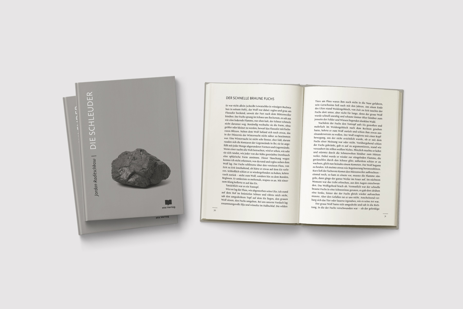 Buchcover-Gestaltung und typografisches Layout für »Die Schleuder« vom eta Verlag. Das Cover zeigt einen Felsen als grafisches Motiv in einer reduzierten, modernen Gestaltung.