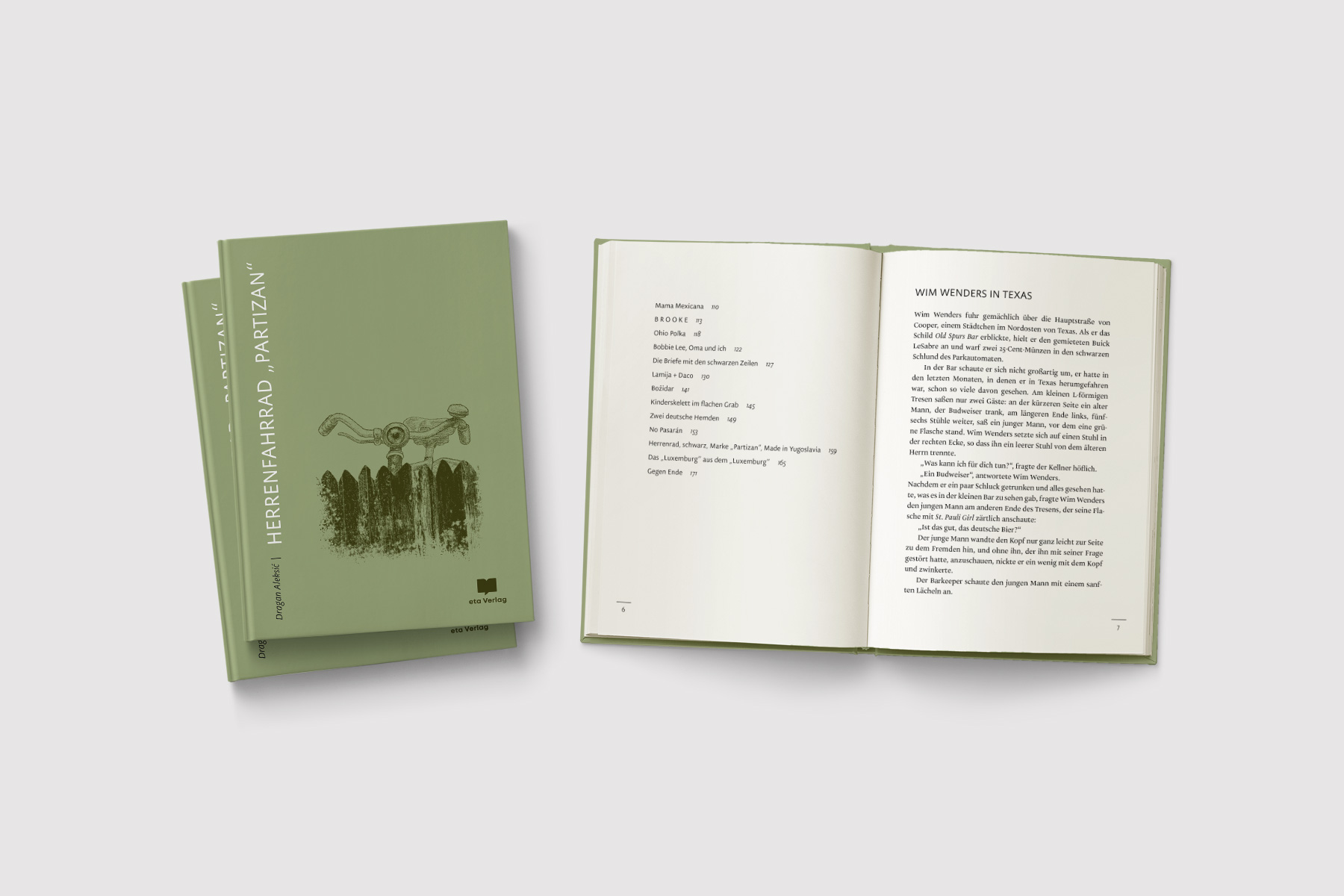 Buchgestaltung und Layout für »Herrenfahrrad ›Partizan‹« aus dem eta Verlag. Das Cover zeigt die Illustration eines alten Herrenrades hinter einem Gartenzaun in reduzierter Gestaltung. Der Buchsatz folgt einer strukturierten, gut lesbaren Layoutkomposition.