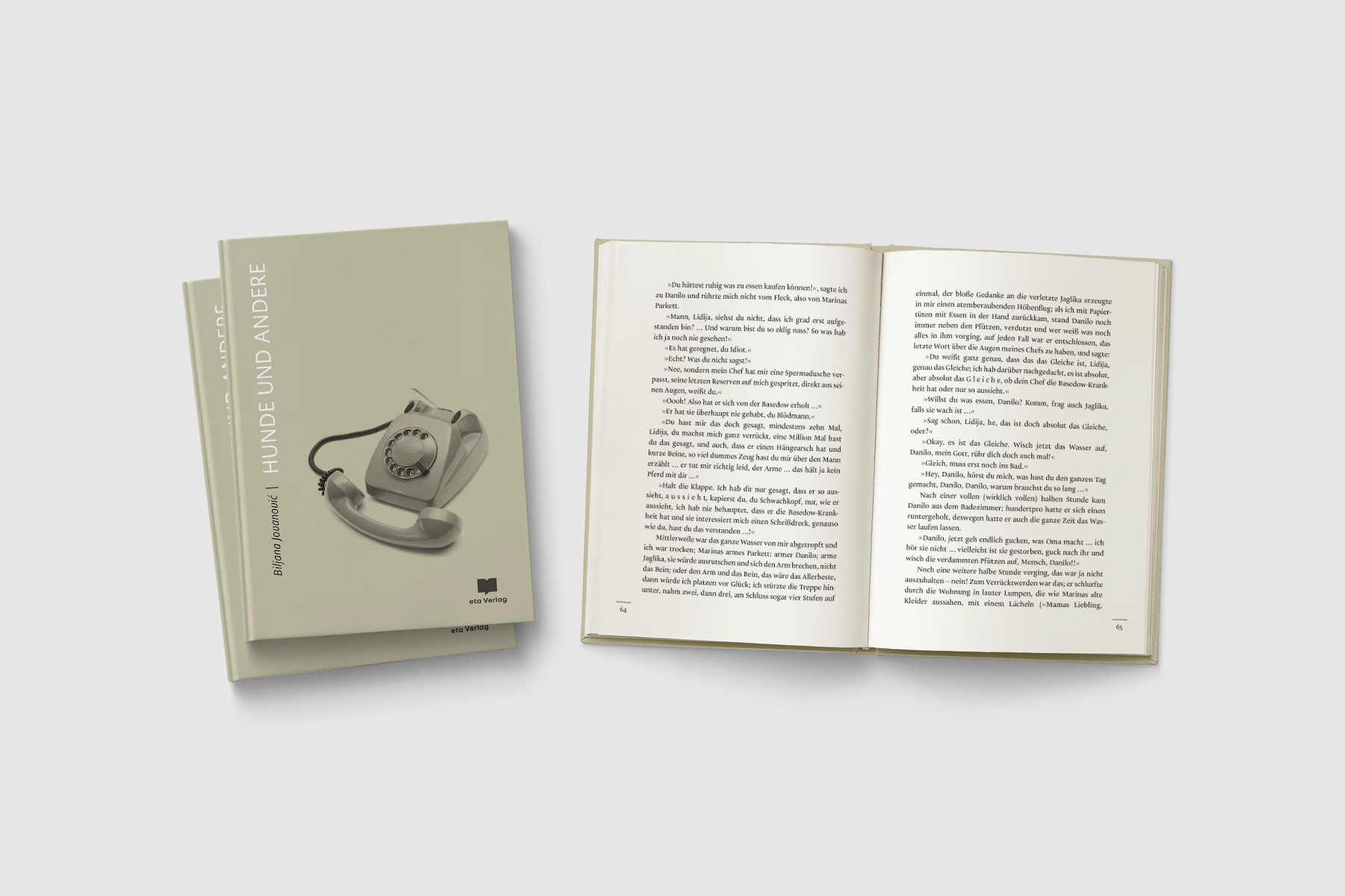 Buchcover-Design und typografische Gestaltung für »Hunde und andere« vom eta Verlag. Das Cover zeigt ein altes Telefon als grafisches Motiv. Professionelle Satz- und Layoutgestaltung für Verlage.