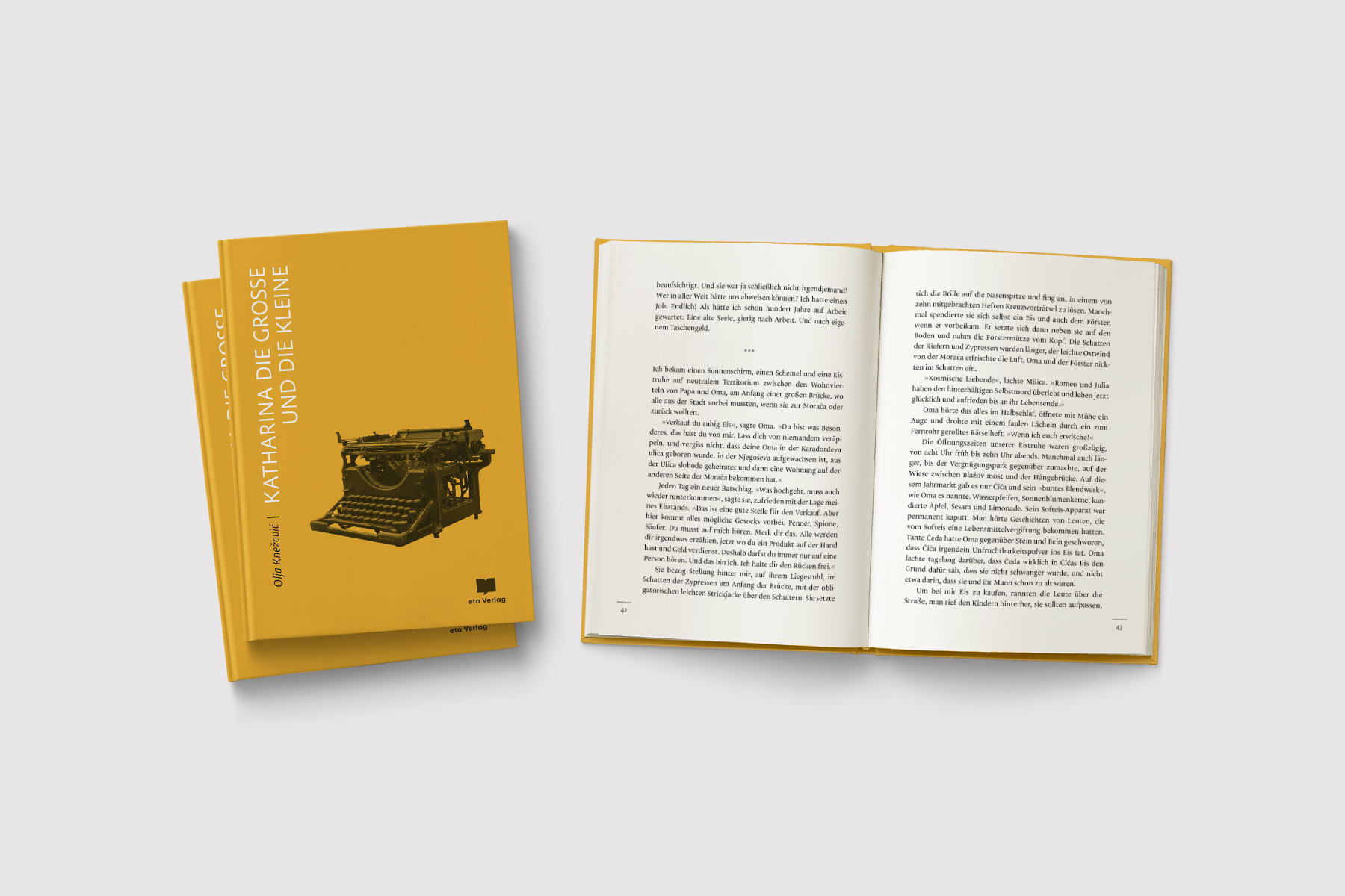 Buchcover-Design und Buchsatz für »Katharina die Große und die Kleine« vom eta Verlag. Das Cover kombiniert das Foto einer antiken Schreibmaschine mit minimalistischer Typografie auf gelbem Hintergrund.