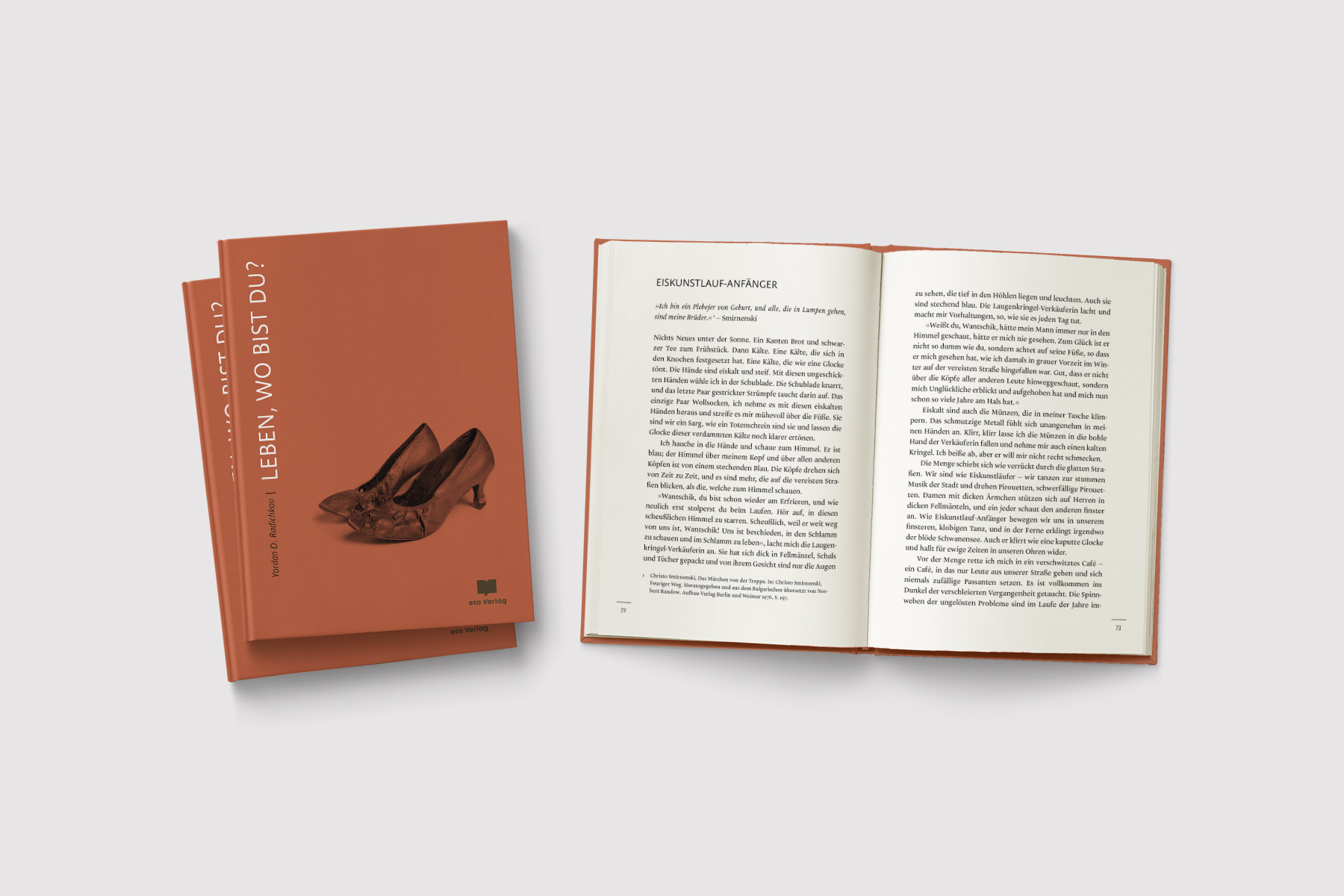 Professionelle Buchgestaltung für »Leben, wo bist du?« vom eta Verlag. Das Cover zeigt ein altes, ausgetragenes Paar Damenschuhe auf orangem Hintergrund und folgt einem reduzierten, modernen Buchcover-Design.