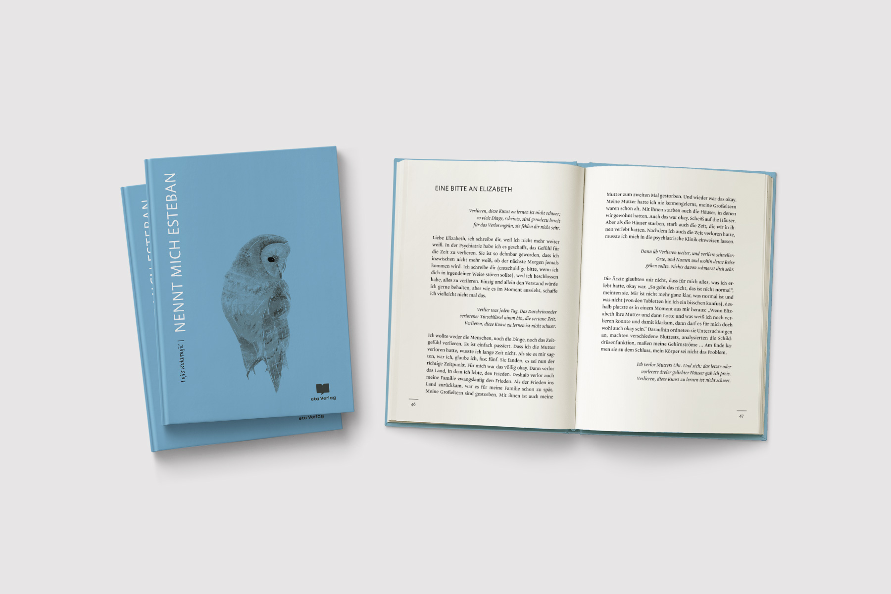 Buchgestaltung und Layout für »Nennt mich Esteban« aus dem eta Verlag. Das blaue Cover mit der Illustration einer Eule als Bildmotiv ist in einem minimalistischen Editorial Design umgesetzt. Die Innenseiten folgen einem gut strukturierten Buchsatz für hohe Lesbarkeit.