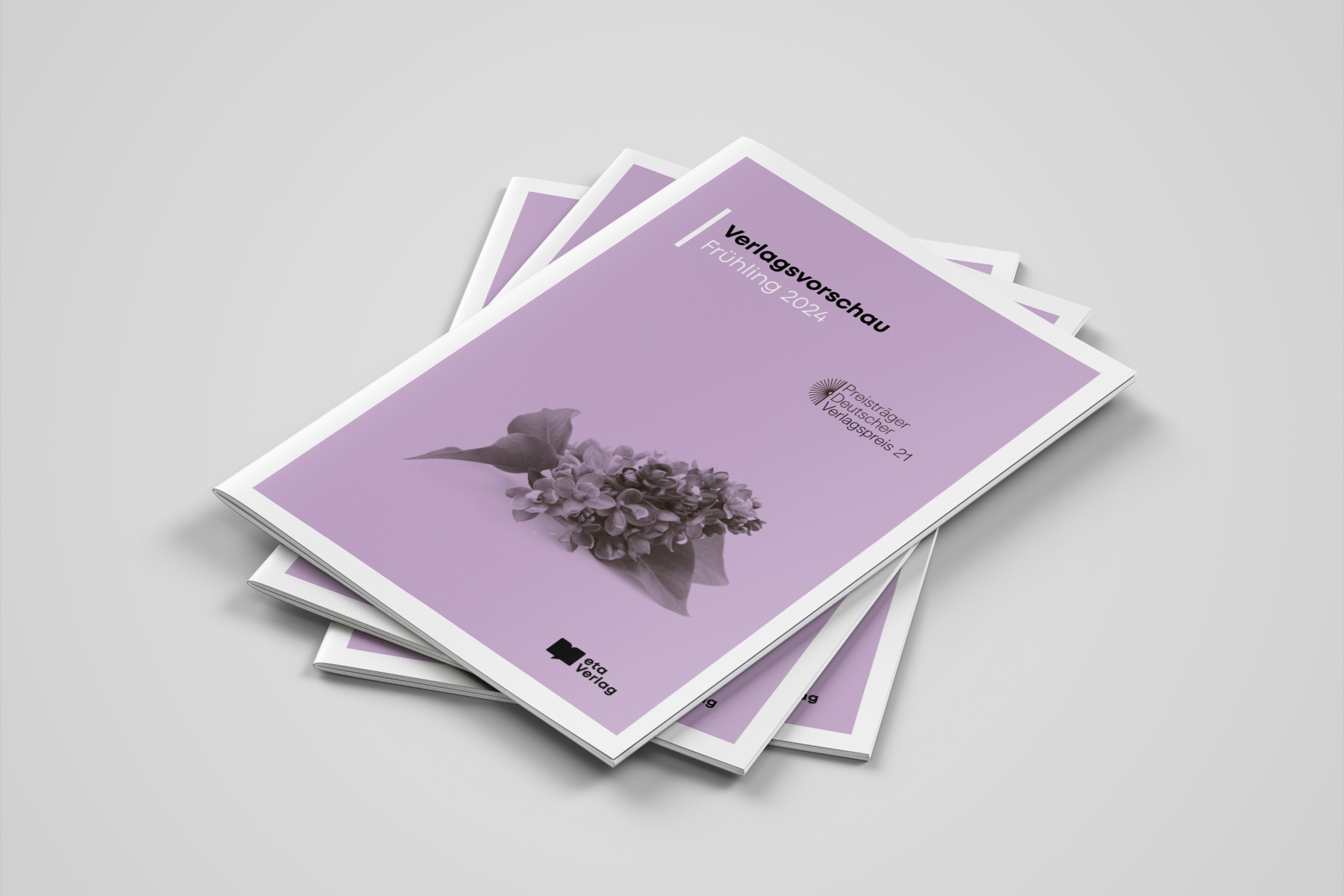Verlagsvorschau Frühjahr 2024 des eta Verlags. Das Cover ist in einem gedeckten Lilaton gehalten und zeitg das Bild einer Fliederblüte. Die Farbwahl vermittelt eine zurückhaltende, stilvolle Anmutung.