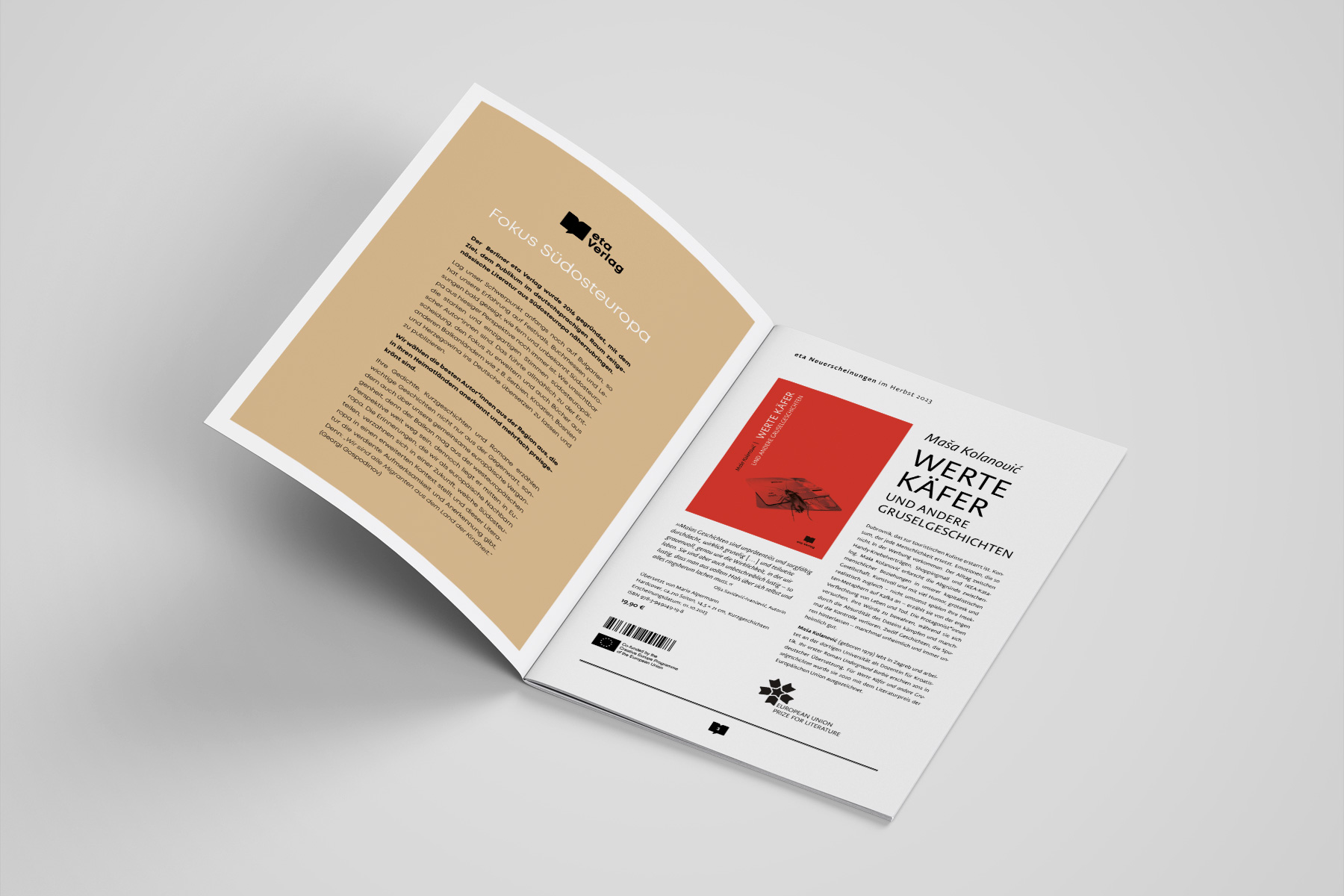Innenansicht der Verlagsvorschau des eta Verlags mit Fokus auf Literatur aus Südosteuropa. Doppelseite mit Vorstellung neuer Titel. Editorial Design und klarer typografischer Struktur für den Buchhandel.
