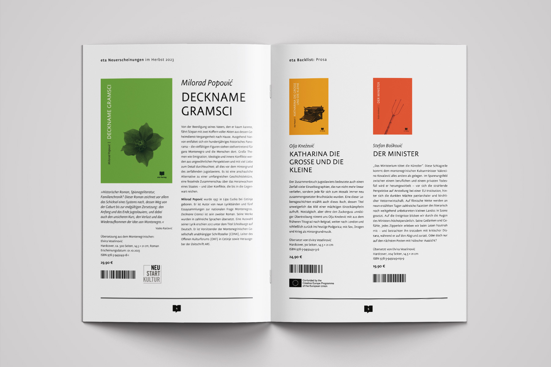 Verlagsvorschau des eta Verlags mit Präsentation neuer Bücher und Backlist-Titel. Enthält Buchcover, Inhaltsangaben und bibliografische Details für den Buchhandel. Klare Layoutstruktur und professionelle Broschüren-Gestaltung.