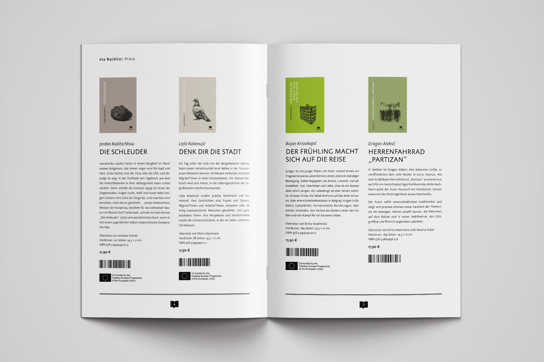 Verlagsvorschau des eta Verlags mit einem Katalog der Backlist-Titel. Enthält bibliografische Informationen, Buchbeschreibungen und Coverabbildungen in modernem Editorial Design.