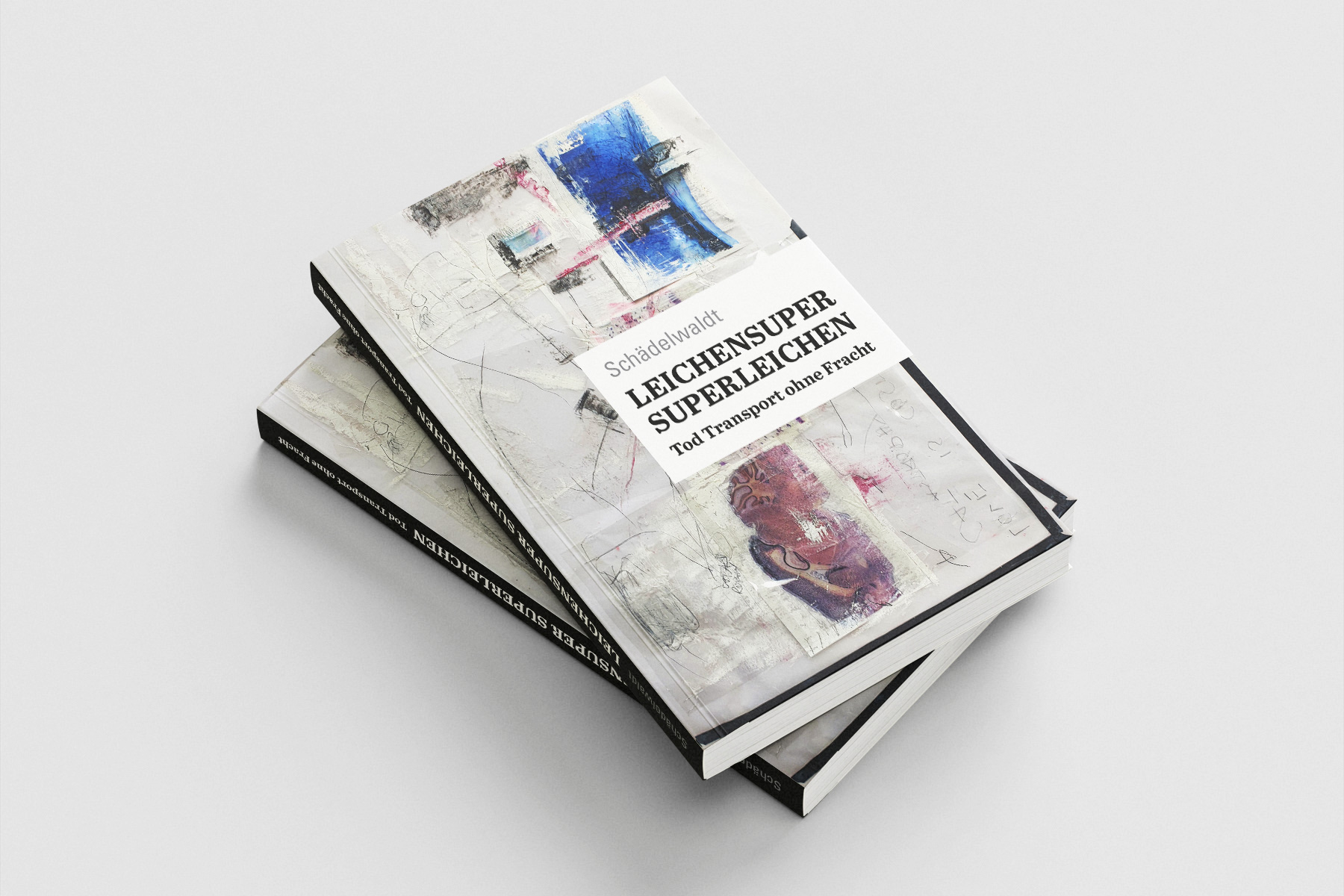 Coverdesign für experimentellen Gedichtband. Typografie auf weißem Label vor abstraktem Bildhintergrund.