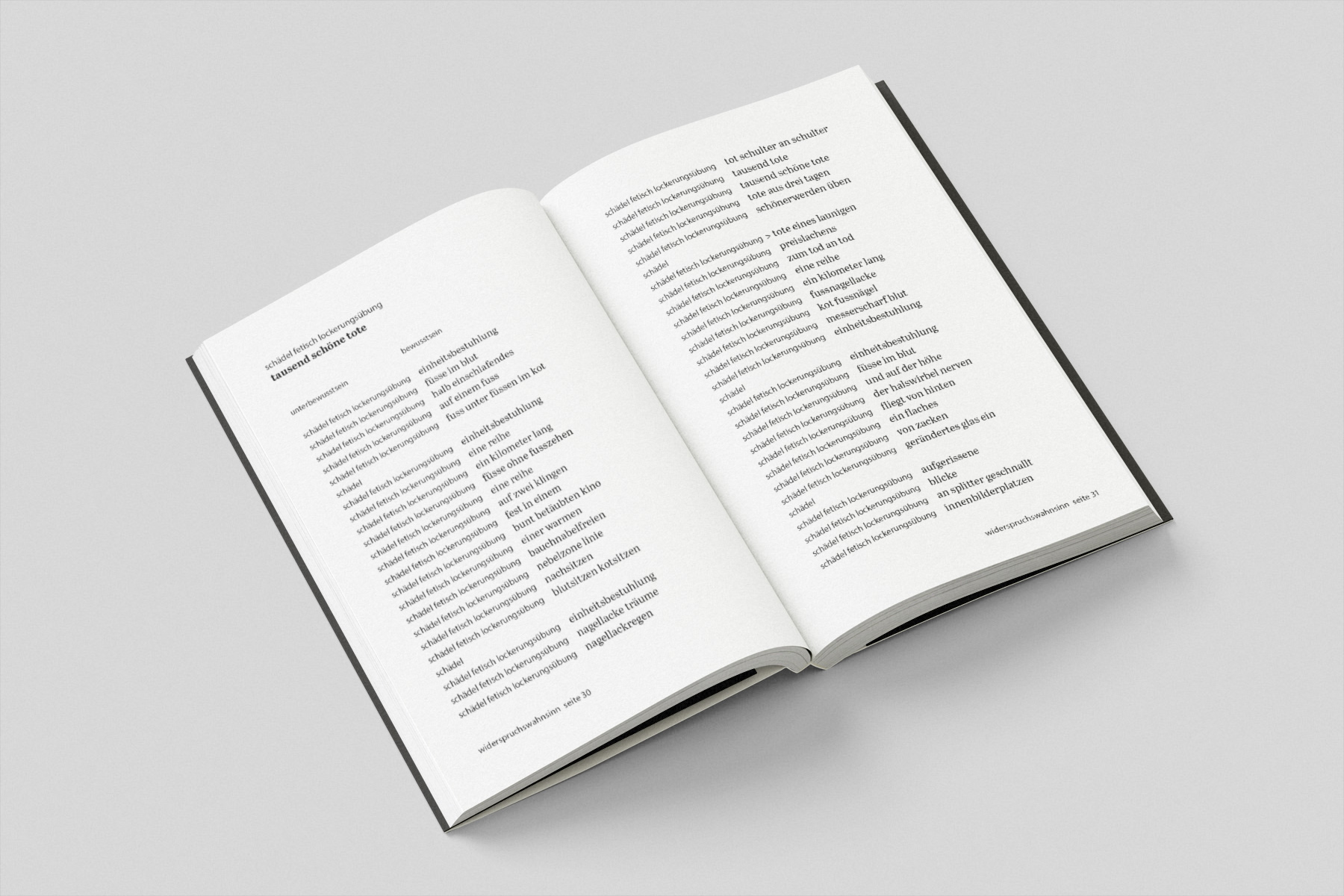 Ansicht einer Innenseite mit Gegenüberstellung zweier Schriftarten zur Darstellung von Bewusstsein und Unterbewusstsein, unterstützt durch ein strukturiertes, rhythmisiertes Layout.