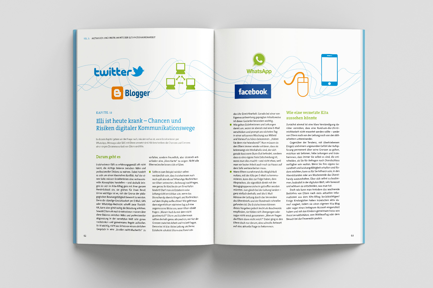 Doppelseitiges Layout mit Visualisierung von Social-Media-Plattformen zu Chancen und Herausforderungen der digitalen Elternkommunikation.