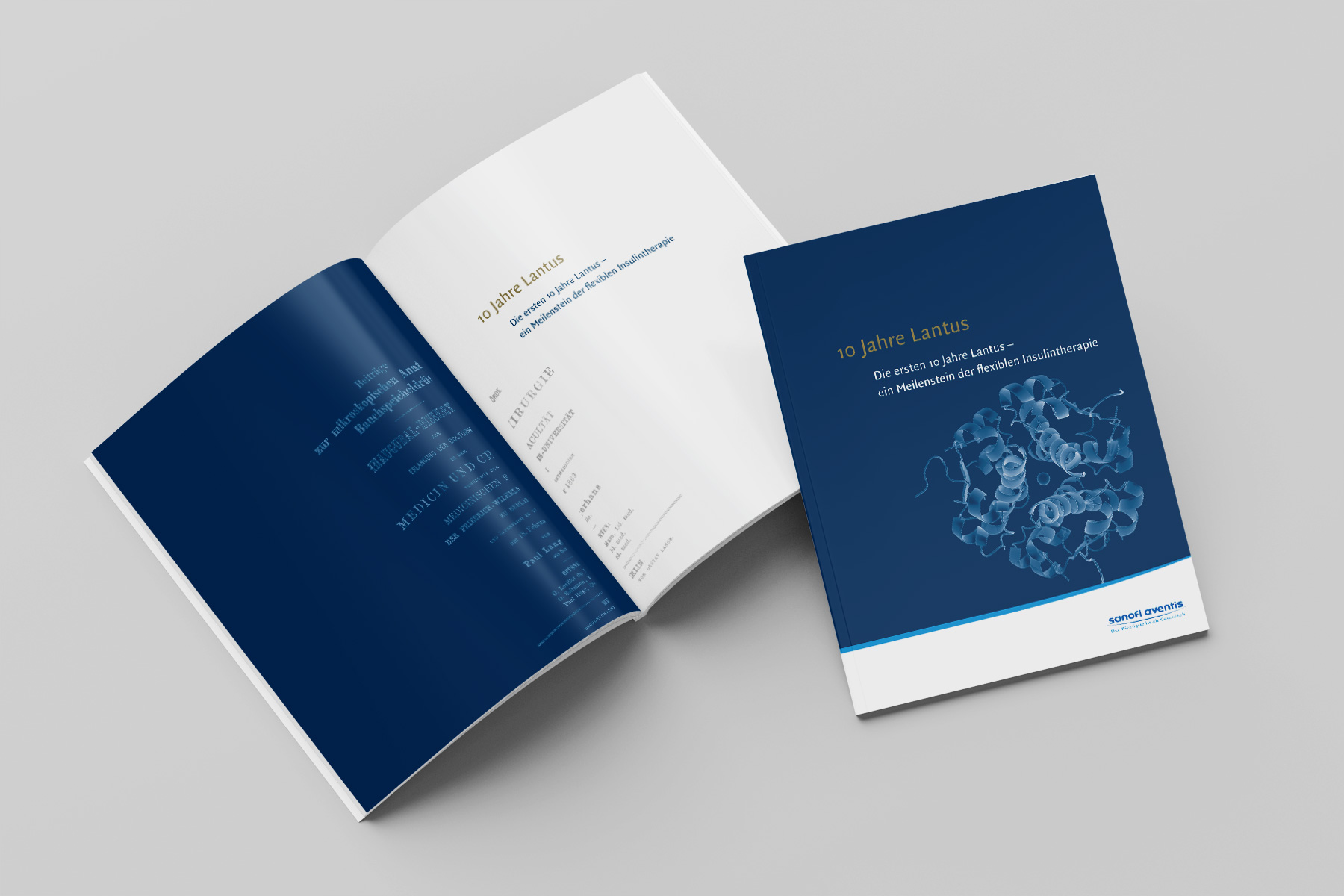 Cover einer Jubiläumsbroschüre für Sanofi-Aventis. Design für medizinische Printkommunikation, mit hochwertiger Typografie und partieller Glanzlackveredelung.