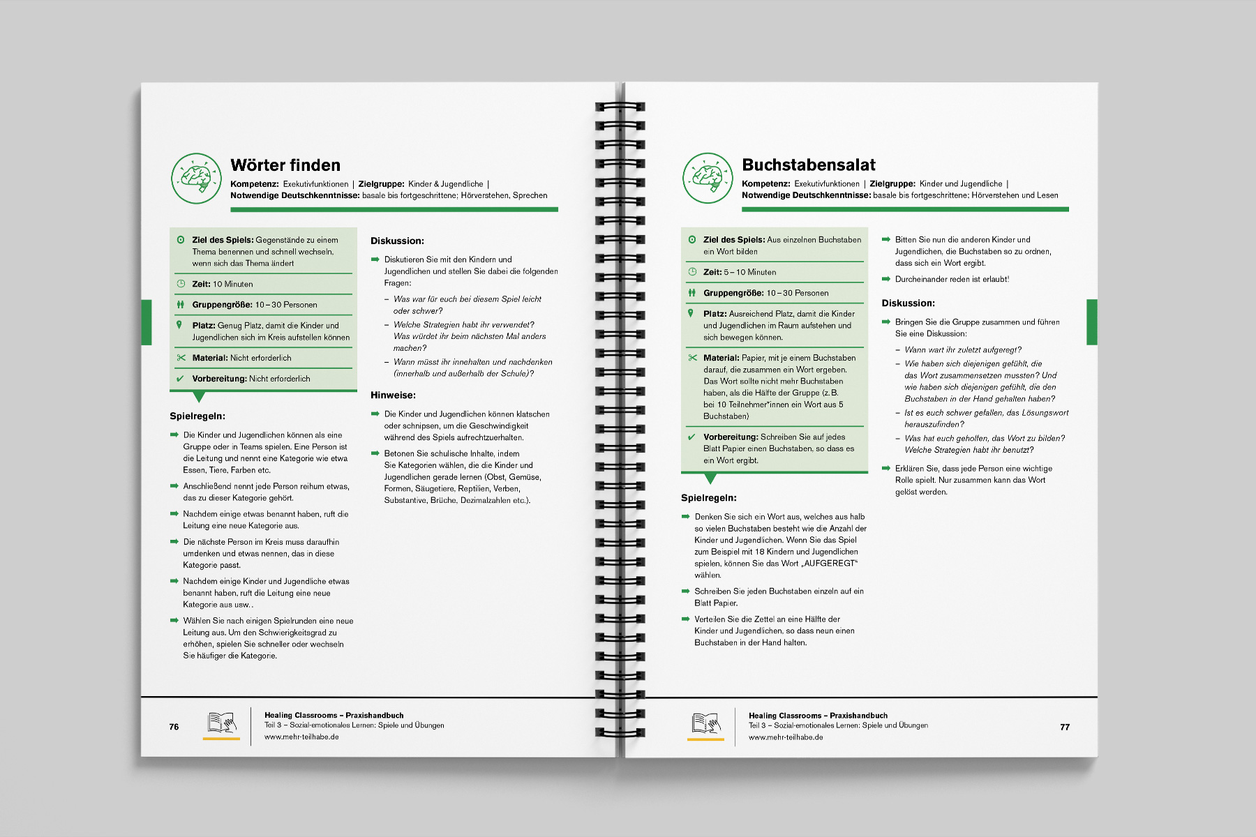 Doppelseite mit didaktisch optimierter Typografie für den Unterricht. Die klar gegliederte Textstruktur ermöglicht eine schnelle Auffindbarkeit von Anweisungen und Inhalten, selbst in dynamischen Unterrichtssituationen. Das visuelle Layout sorgt dafür, dass Lehrkräfte und Lernende beim Wechsel zwischen Buch und Klasse den Überblick behalten. Gestaltung für pädagogische Fachbücher, Unterrichtsmaterialien und Bildungsprojekte.