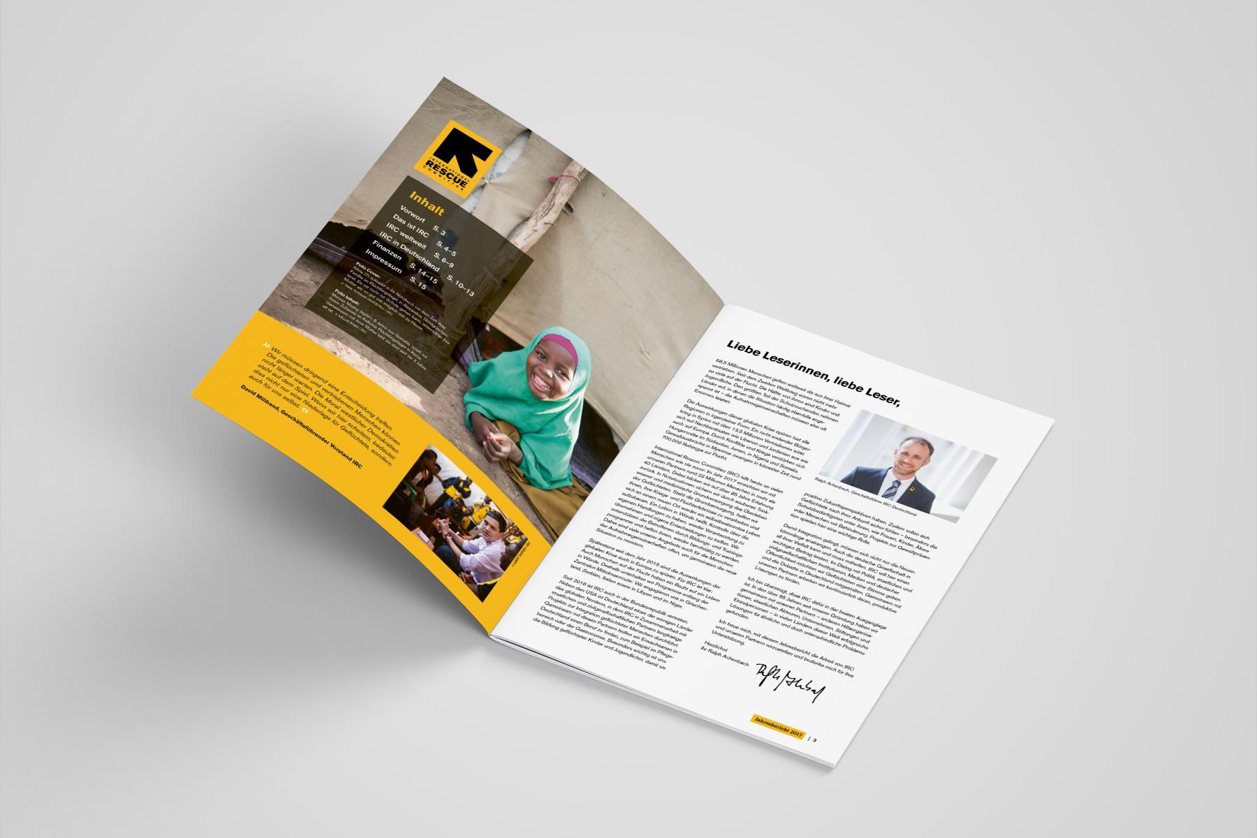 Gestaltung und Layout eines NGO-Jahresberichts: Innenseite mit Inhaltsverzeichnis und Vorwort des Geschäftsführers, kombiniert mit einer emotionalen Bildsprache.