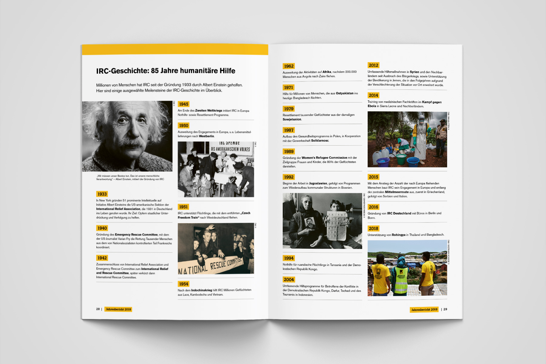 Chronologische Darstellung der Geschichte von IRC, gegründet auf Initiative von Albert Einstein. Visuelle Aufbereitung von Meilensteinen in der humanitären Arbeit.