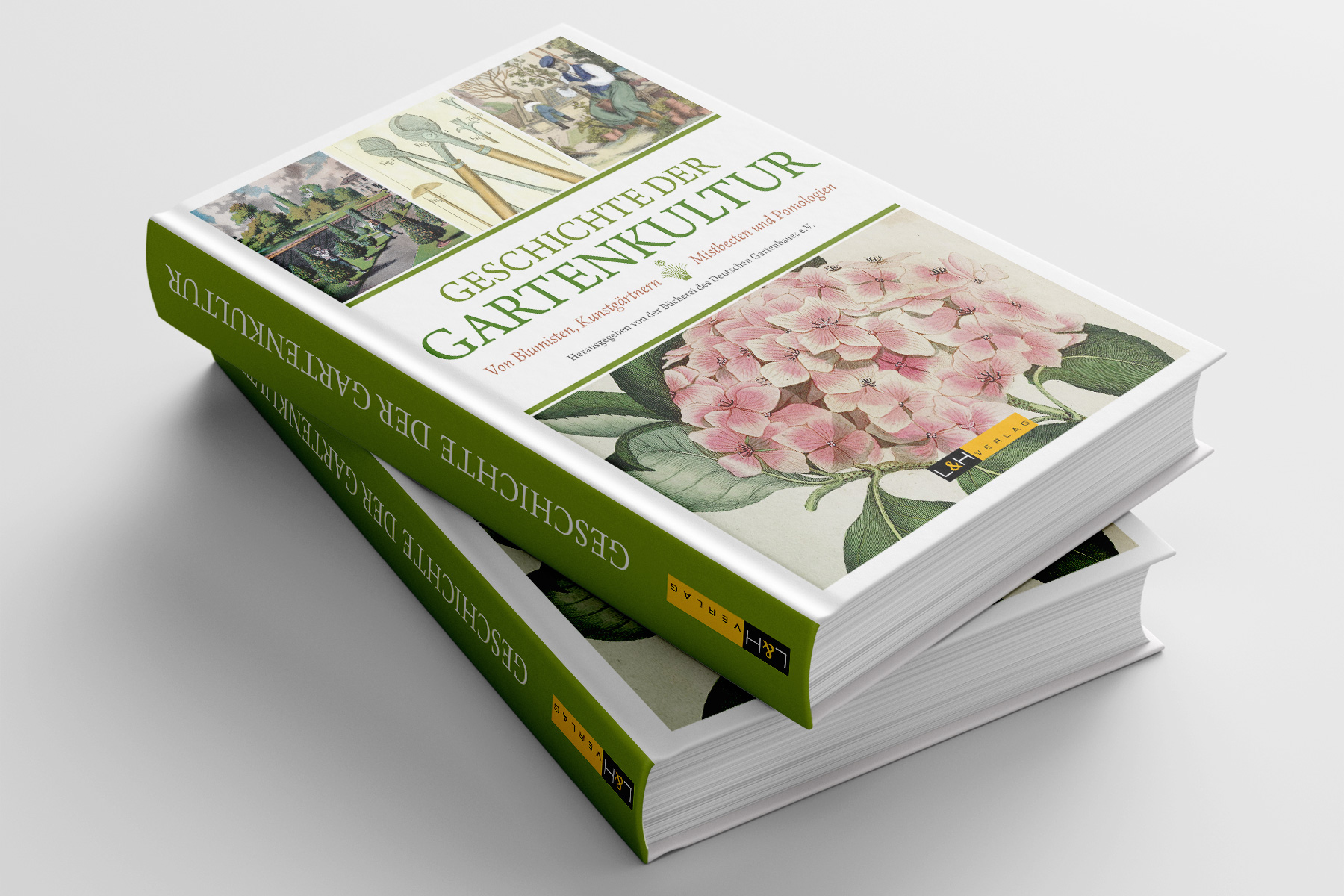 Cover-Gestaltung des Gartenbuchs „Geschichte der Gartenkultur“. Buchlayout im Stil englischer Gartenbücher.