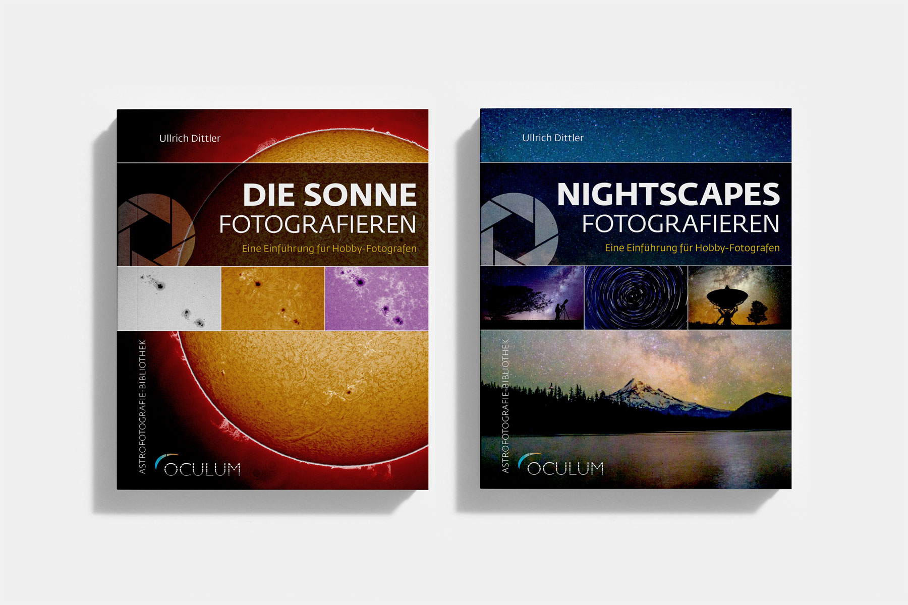 Buchcover für eine Sachbuchreihe zur Astrofotografie. Modularer Aufbau mit Bildleiste und großflächigem Hinetrgrundbild.