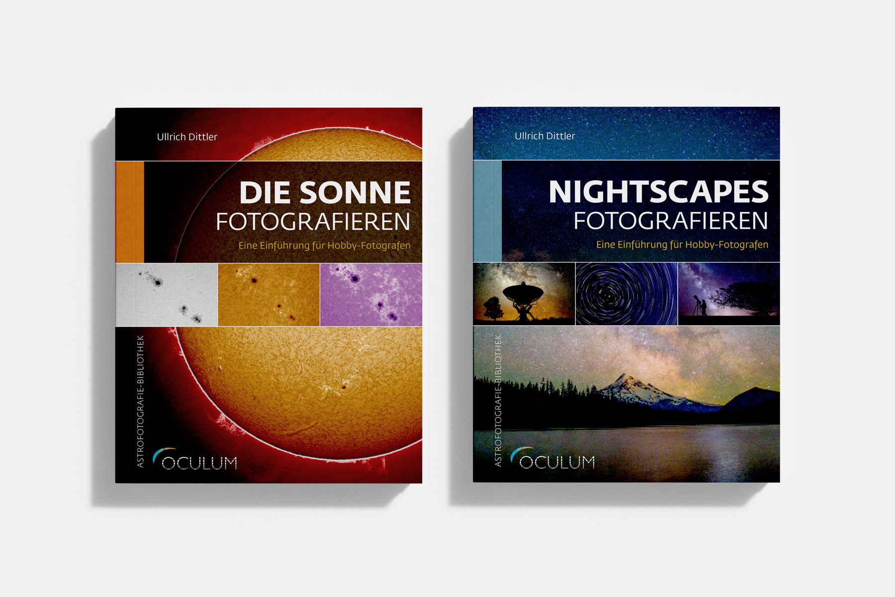 Zweiter Entwurf der Covergestaltung für die Bücher „Die Sonne fotografieren“ und „Nightscapes fotografieren“. Die Gestaltung nutzt eine zusätzliche Bildleiste unterhalb des Titels, ergänzt durch eine Farbkodierung, bei der jeder Band der Serie eine eigene Farbwelt erhält. Klare Typografie und modularer Layoutaufbau für eine prägnante visuelle Struktur.