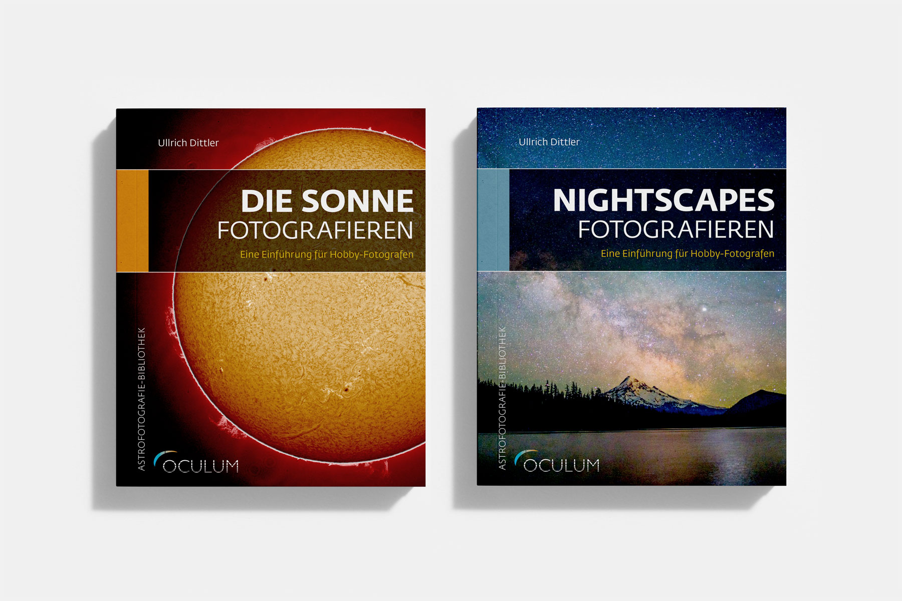 Dritter Entwurf der Buchcover für die Astrofotografie-Reihe mit einer reduzierten Gestaltung ohne Bildleiste. Die Farbkodierung differenziert die Bände innerhalb der Serie, während die präzise Typografie und großflächigen Fotografien eine klare visuelle Gliederung schaffen.