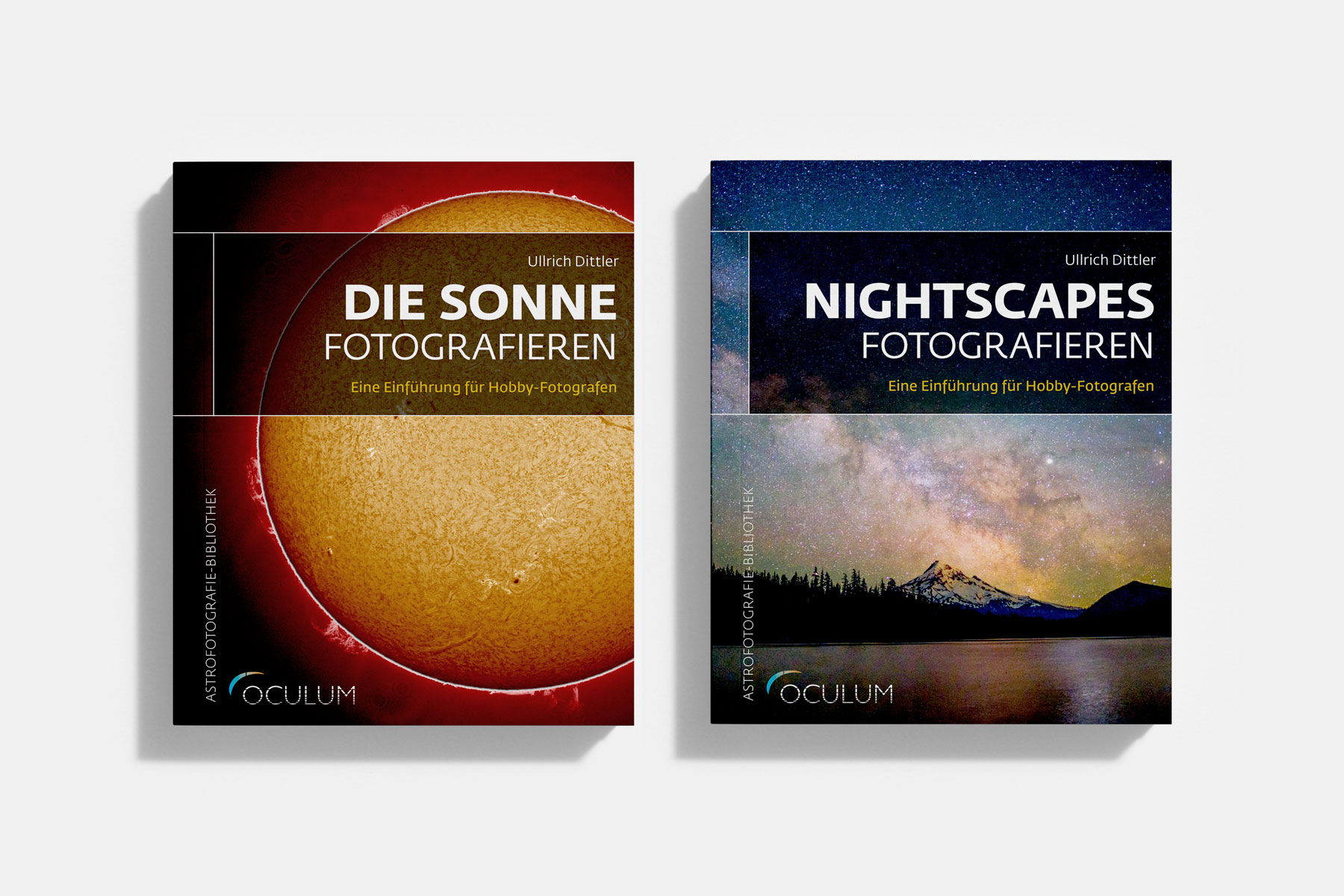 Vierter Entwurf der Covergestaltung für die Astrofotografie-Sachbuchreihe. Minimalistische Gestaltung mit klarem, aufgeräumtem Layout ohne zusätzliche Bildleiste. Die Typografie bleibt sachlich und modern, während großflächige Bilder die thematische Ausrichtung der einzelnen Bände betonen.